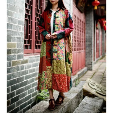 Women's Vintage Cotton Linen Flower Chinese Style Long Sleeve Mid-calf Coat  -  GeraldBlack.com