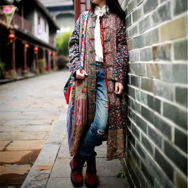 Women's Vintage Cotton Linen Flower Chinese Style Long Sleeve Mid-calf Coat  -  GeraldBlack.com
