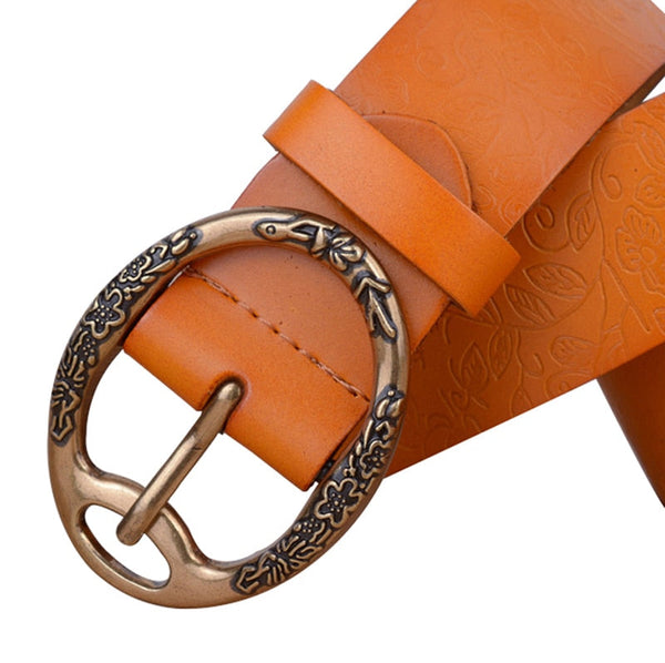 Women's Vintage Cowhide Genuine Leather Floral Curved Buckle Belts  -  GeraldBlack.com