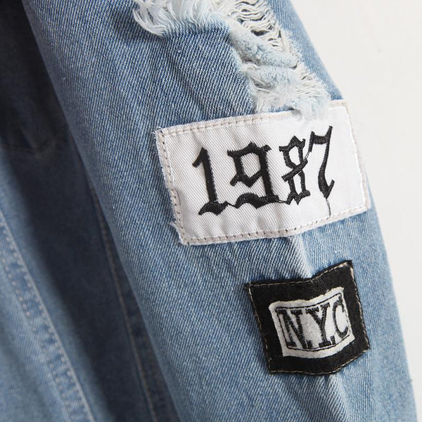 Women's Vintage Embroidery Letter Applique Distressed Loose Denim Jackets - SolaceConnect.com