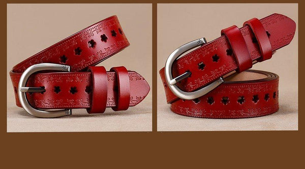 Women's Vintage Fashion Floral Hollow Genuine Leather Pin Buckle Belt - SolaceConnect.com