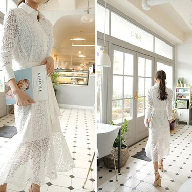 Women's Vintage Single Breasted Hollow-out Lace Long Mermaid Dress - SolaceConnect.com