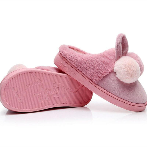 Super Home Slippers Cute Cartoon Ball Rabbit Ears Women Slippers Super Warm Plush Cotton Slippers - SolaceConnect.com