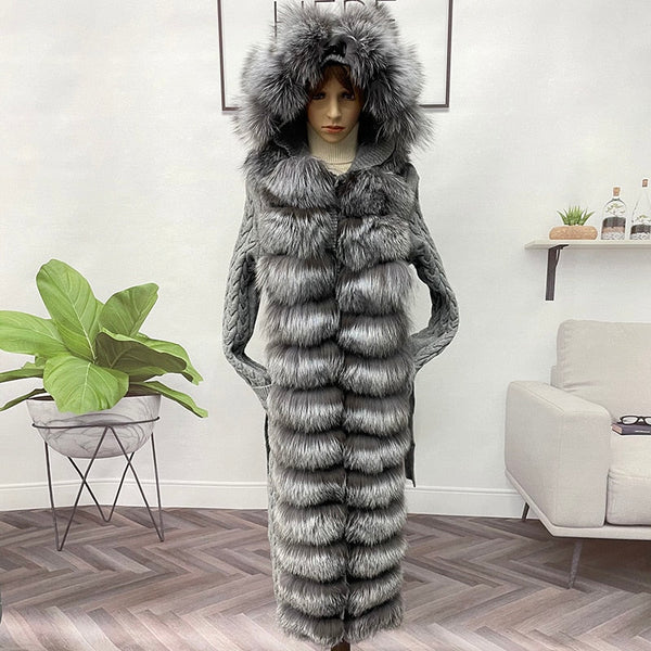 Women's Warm Grey Fox Fur Hooded Knitted Long Sleeve Cardigans  -  GeraldBlack.com