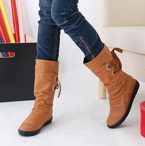 Women's Warm Plush Synthetic Leather Mid-Calf Solid Flats Winter Snow Boots - SolaceConnect.com