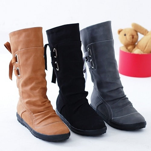Women's Warm Plush Synthetic Leather Mid-Calf Solid Flats Winter Snow Boots  -  GeraldBlack.com