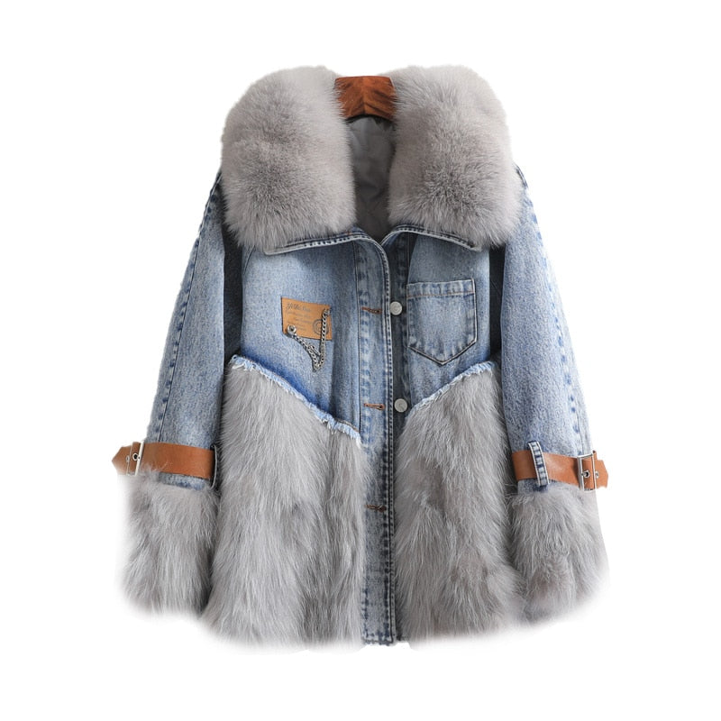 Women's Warm Winter Denim Fox Fur Collar Raccoon Fur Down Coats  -  GeraldBlack.com