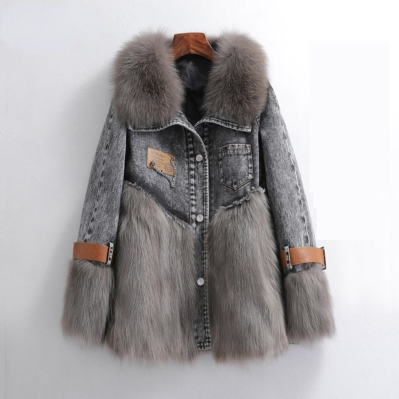 Women's Warm Winter Denim Fox Fur Collar Raccoon Fur Down Coats  -  GeraldBlack.com