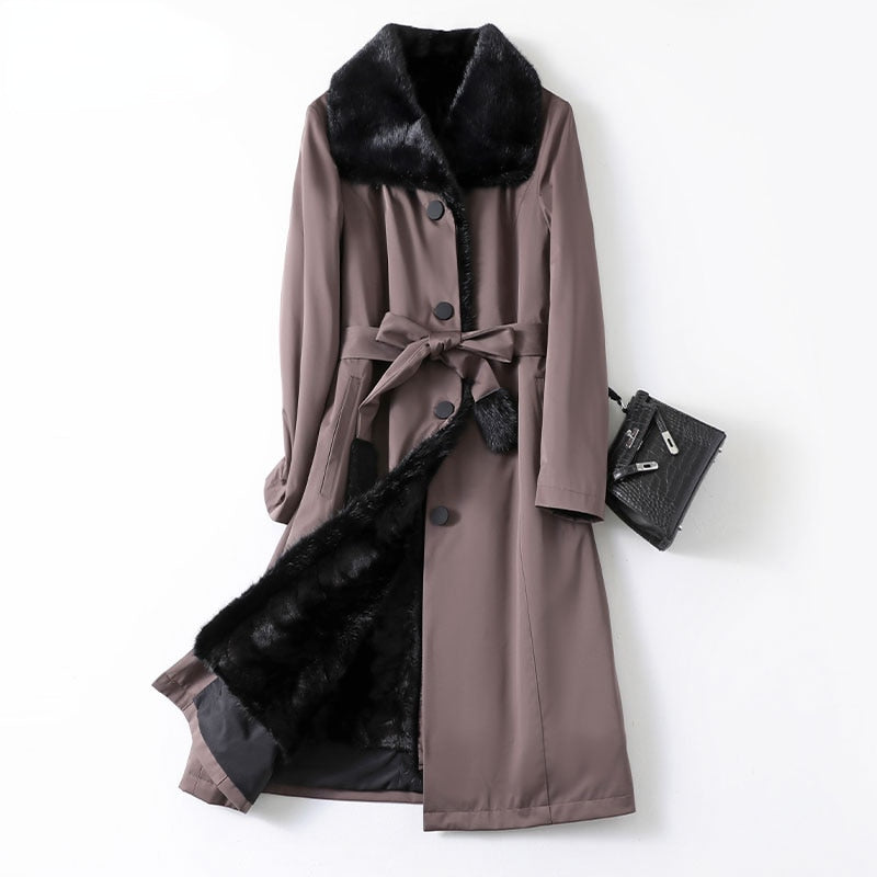 Women's Warm Winter Mink Fur Liner Belt Detachable Long Coat  -  GeraldBlack.com