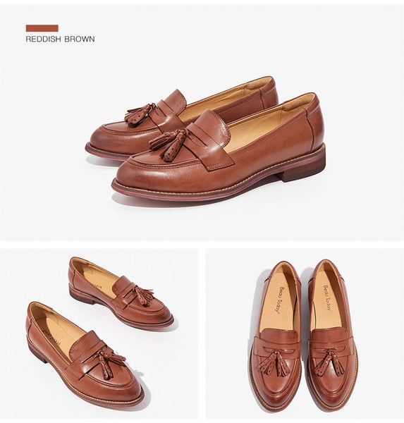Women's Waxing Genuine Leather Pointed Toe Tassels Slip-on Flats Loafers - SolaceConnect.com