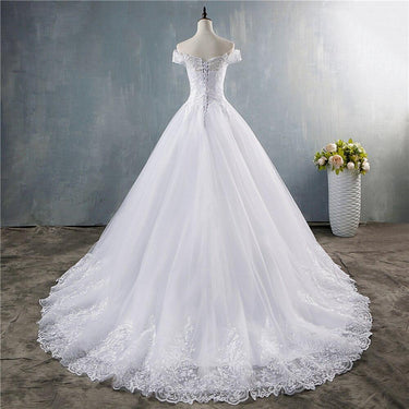 Women's White Ivory Lace Off Shoulder Sleeveless Princess Wedding Gown Dress - SolaceConnect.com