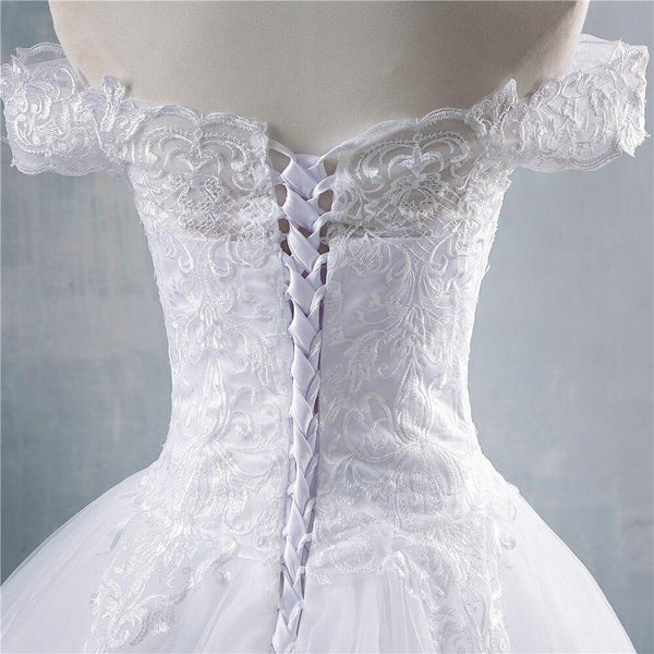 Women's White Ivory Lace Off Shoulder Sleeveless Princess Wedding Gown Dress - SolaceConnect.com