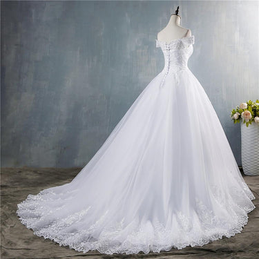 Women's White Ivory Lace Off Shoulder Sleeveless Princess Wedding Gown Dress  -  GeraldBlack.com