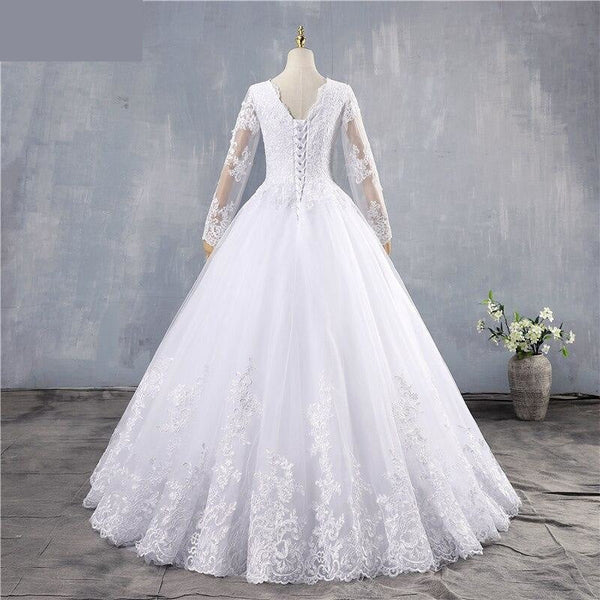 Women's White Ivory Lace V-Neck Long Sleeves Ball Wedding Gown Dress - SolaceConnect.com