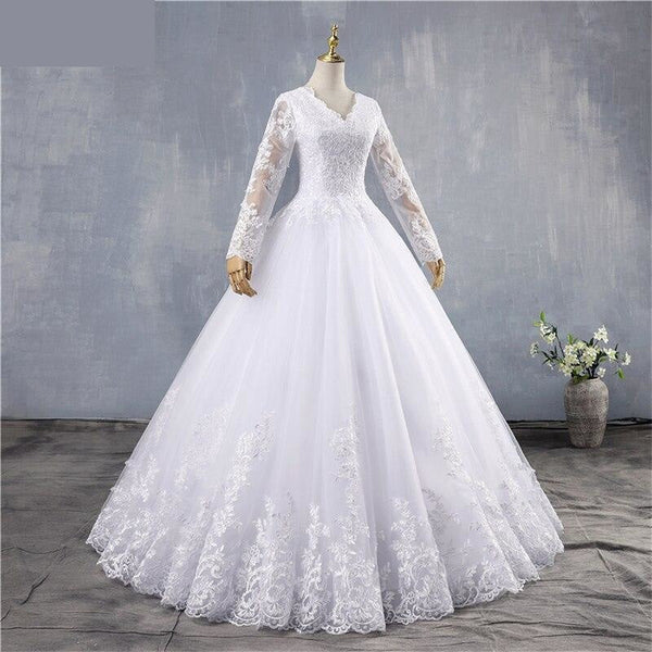 Women's White Ivory Lace V-Neck Long Sleeves Ball Wedding Gown Dress - SolaceConnect.com