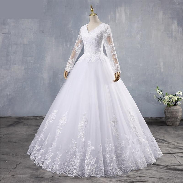 Women's White Ivory Lace V-Neck Long Sleeves Ball Wedding Gown Dress  -  GeraldBlack.com