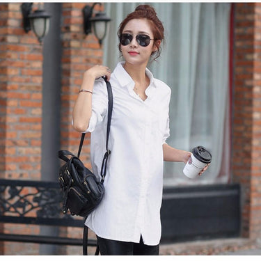 Women's White Long Sleeve Cotton Polyester Solid Long Shirt with Collar  -  GeraldBlack.com
