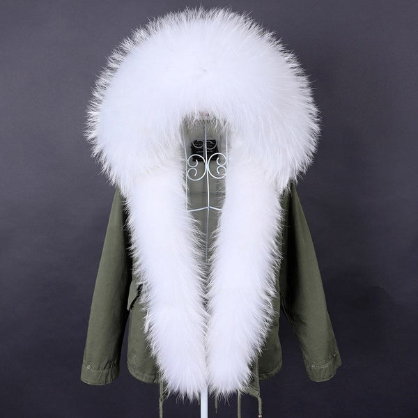 Women's White Natural Raccoon Fur Collared Solid Color Winter Jacket  -  GeraldBlack.com