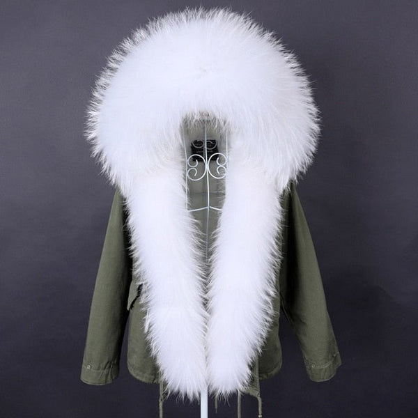 Women's White Natural Racoon Fur Collared Full Sleeves Winter Hooded Jacket  -  GeraldBlack.com