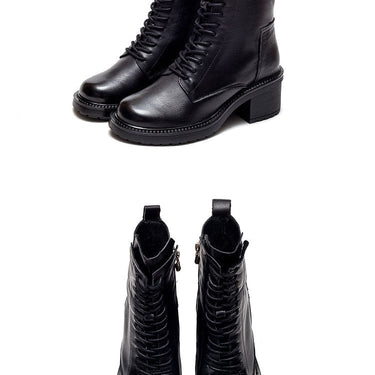 Women's Winter Cow Leather Lace Up Square Med Heel Ankle Boots  -  GeraldBlack.com
