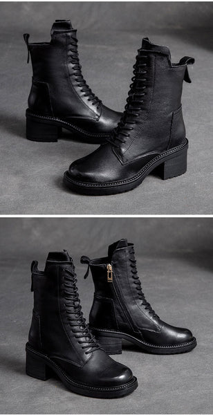 Women's Winter Cow Leather Lace Up Square Med Heel Ankle Boots  -  GeraldBlack.com