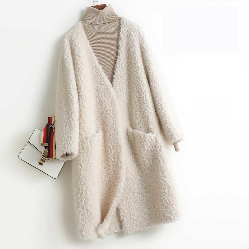 Women's Winter Deep V-neck Wool Fur Korean Long Casual Coats  -  GeraldBlack.com