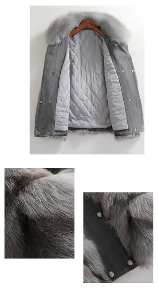 Women's Winter Denim Fox Fur Collar Thick Warm Wide-waisted Coat  -  GeraldBlack.com