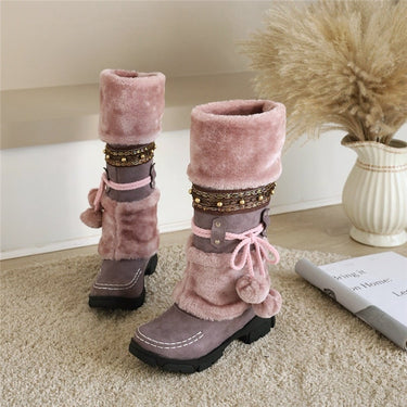 Women's Winter Fashion Flock Round Toe Warm Casual Mid Calf Snow Boots  -  GeraldBlack.com