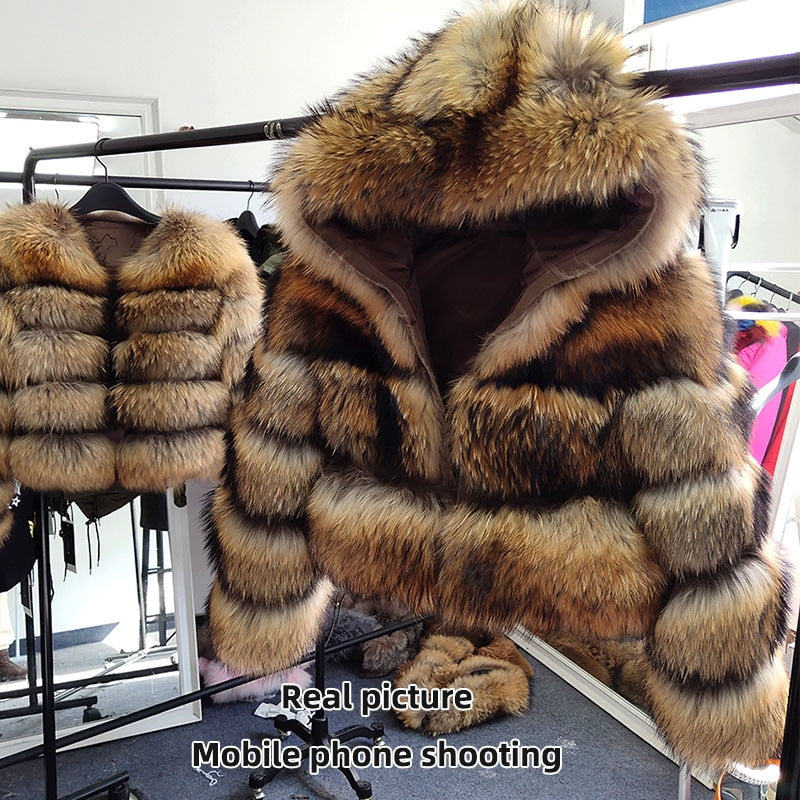 Women's Winter Fashion Luxury Natural Raccoon Fur Hooded Jacket  -  GeraldBlack.com