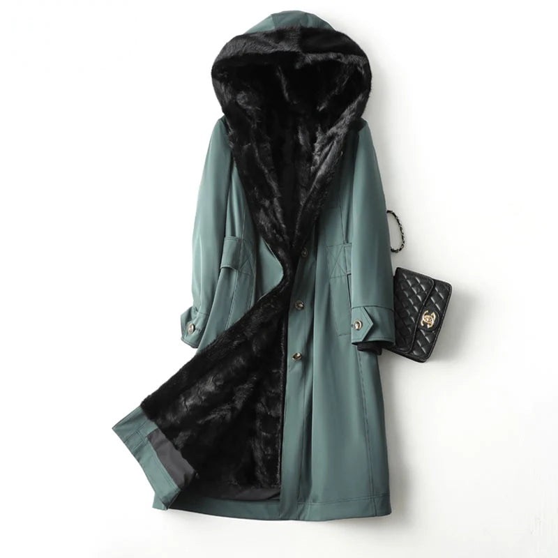 Women's Winter Fashion Mink Fur Liner Thick Warm Long Hooded Coats  -  GeraldBlack.com