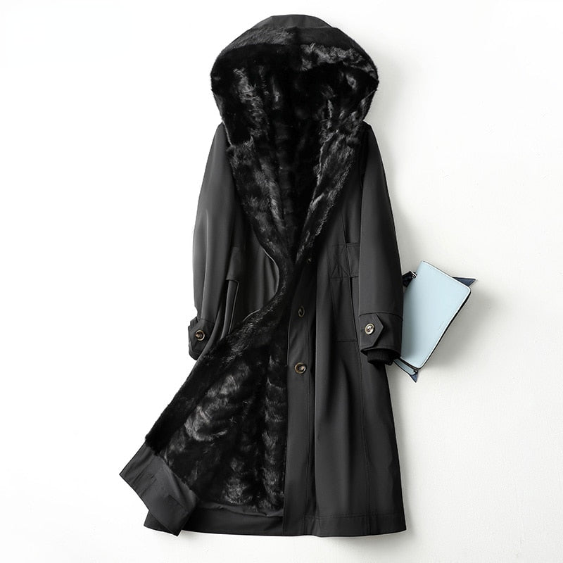 Women's Winter Fashion Mink Fur Liner Thick Warm Long Hooded Coats  -  GeraldBlack.com