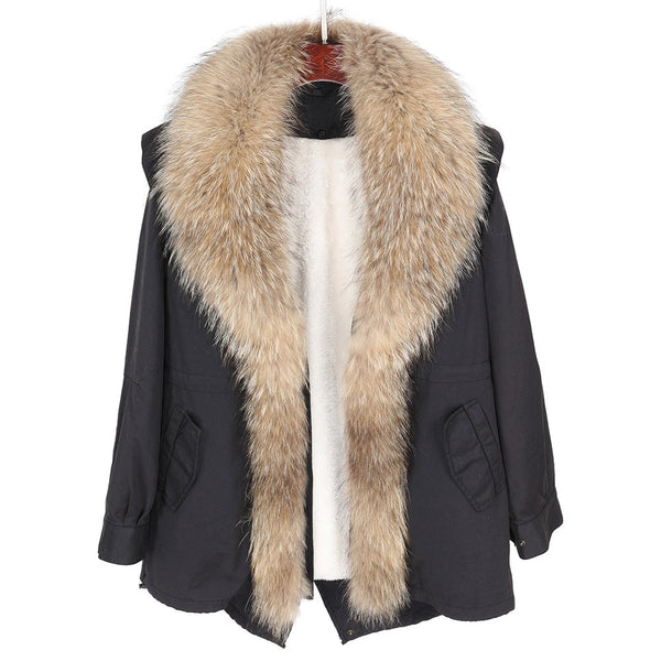 Women's Winter Fluffy Natural Real Raccoon Fur Collar Cotton Coat Jacket  -  GeraldBlack.com