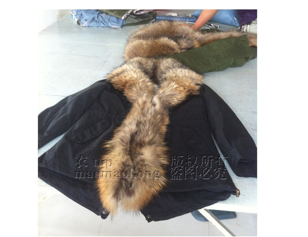 Women's Winter Fluffy Natural Real Raccoon Fur Collar Cotton Coat Jacket  -  GeraldBlack.com