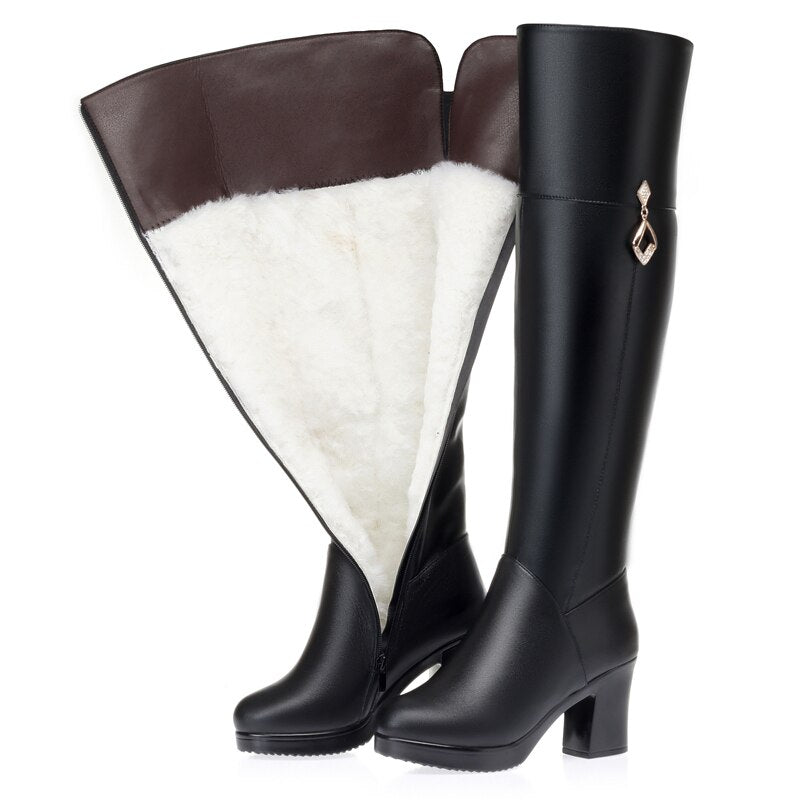 Women's Winter Genuine Leather Natural Wool Over the Knee Boots  -  GeraldBlack.com