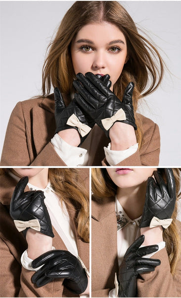 Women's Winter Genuine Leather White Black Touch Screen Gloves Goatskin Bow Cute Mittens GSL009  -  GeraldBlack.com