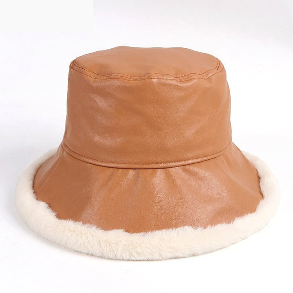 Women's Winter Harajuku Fishing Synthetic Leather Faux Fur Bucket Hat  -  GeraldBlack.com