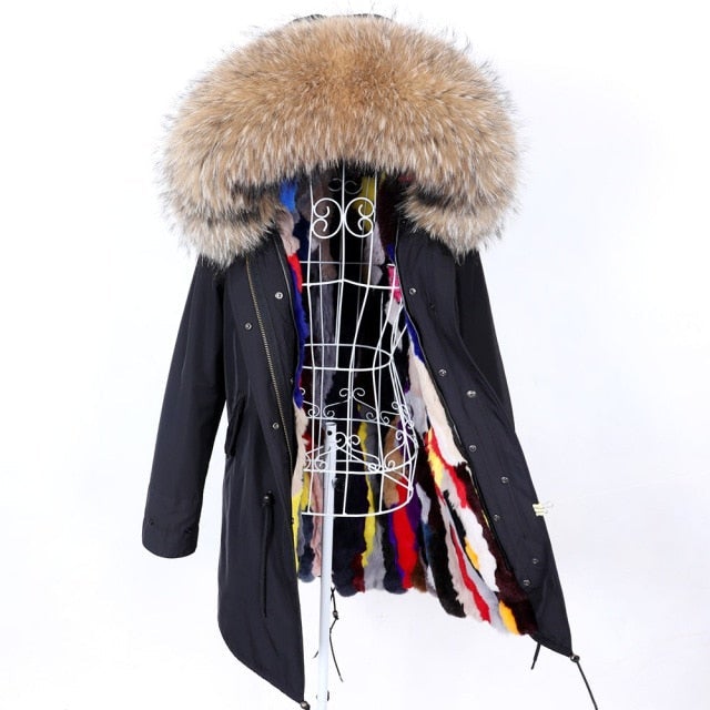 Women's Winter Hooded Long Sleeve Jacket with Soft Removable Rabbit Fur Lining  -  GeraldBlack.com