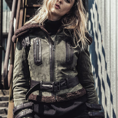 Women's Winter Leather Turn-down Collar Flight Jacket with Faux Fur - SolaceConnect.com