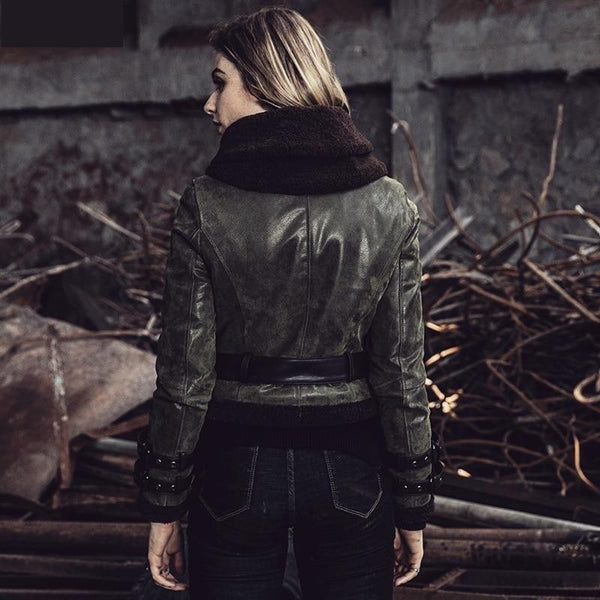 Women's Winter Leather Turn-down Collar Flight Jacket with Faux Fur - SolaceConnect.com
