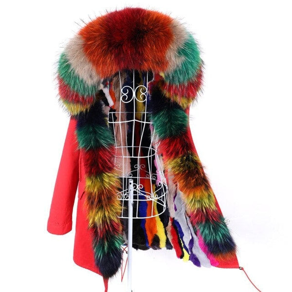 Women's Winter Multicolor Fur Collared Jacket with Removable Fox Fur Lining  -  GeraldBlack.com
