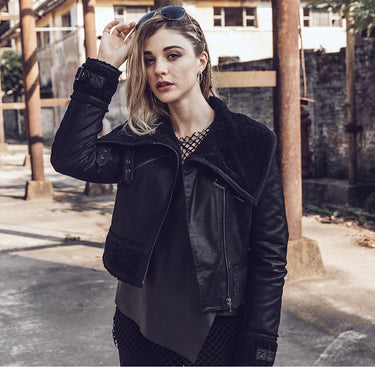 Women's Winter Pigskin Leather Faux Fur Shearling Motorcycle Jacket - SolaceConnect.com