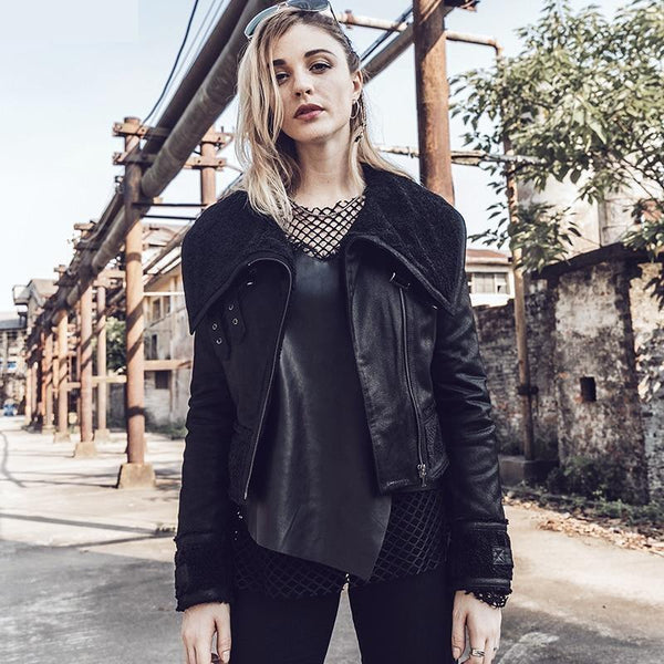 Women's Winter Pigskin Leather Faux Fur Shearling Motorcycle Jacket - SolaceConnect.com
