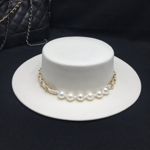 Women's Winter Retro Fashion White Wide Brim Fedora Hat with Pearl Decor  -  GeraldBlack.com
