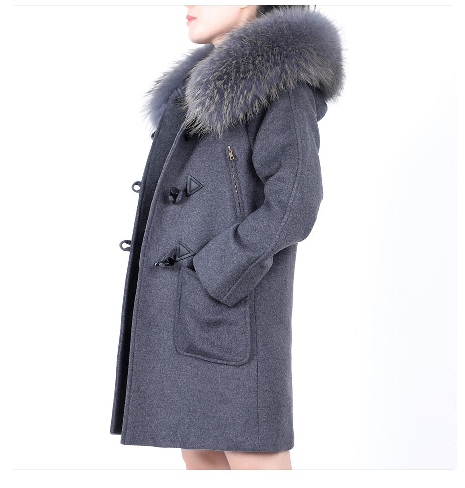 Women's Winter Style Natural Raccoon Fur Collar Wool Jacket Overcoat  -  GeraldBlack.com