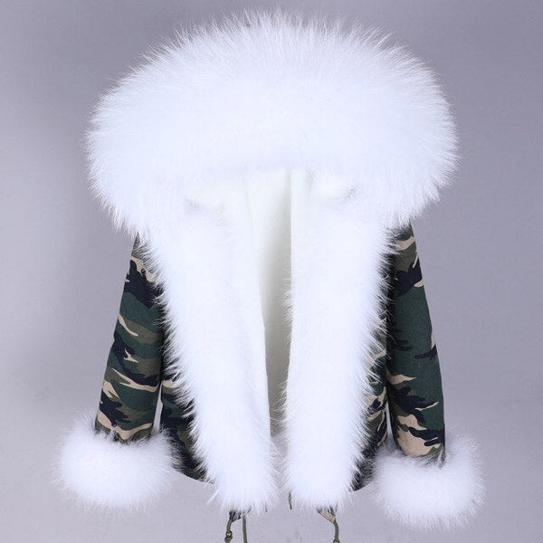 Women's Winter Style Natural Racoon Fur Sleeves and Collar Printed Parkas  -  GeraldBlack.com