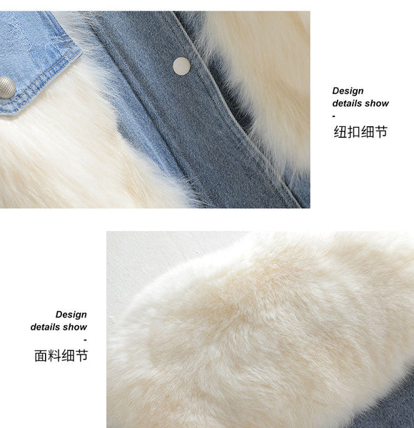 Women's Winter Warm Collar Denim Patchwork Fox Fur Short Coats  -  GeraldBlack.com