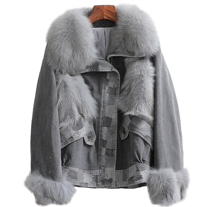 Women's Winter Warm Collar Patchwork Denim Short Fox Fur Coats  -  GeraldBlack.com
