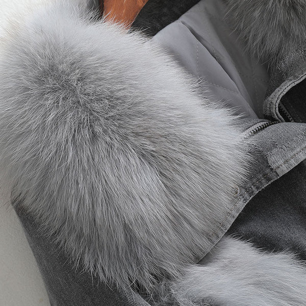 Women's Winter Warm Collar Patchwork Denim Short Fox Fur Coats  -  GeraldBlack.com