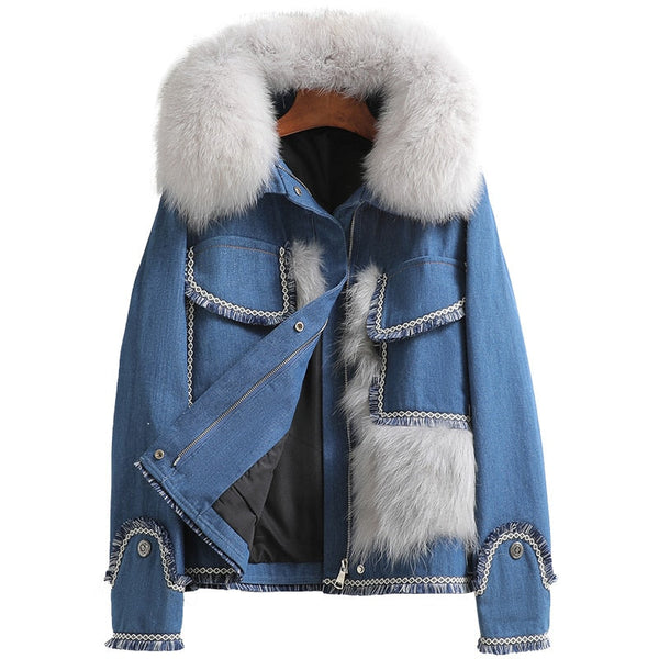 Women's Winter Warm Denim Fox Fur Collar Raccoon Fur Short Coat  -  GeraldBlack.com