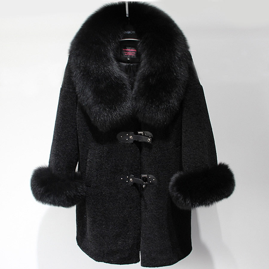 Women's Winter Warm Fox Fur Coat Thick Mid-length Coat Lapel Lapel Cashmere Coat  -  GeraldBlack.com